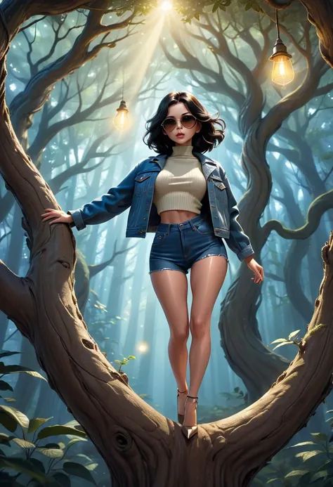 (((Full body photo))) of (((pretty girl))) with (((black hair))) and (((brown eyes))) with turtleneck and short denim jacket and short jeans and high heels and sunglasses, positioned confidently (((on a giant tree branch))) that exudes an otherworldly glow...