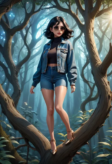 (((Full body photo))) of (((pretty girl))) with (((black hair))) and (((brown eyes))) with turtleneck and short denim jacket and short jeans and high heels and sunglasses, positioned confidently (((on a giant tree branch))) that exudes an otherworldly glow...