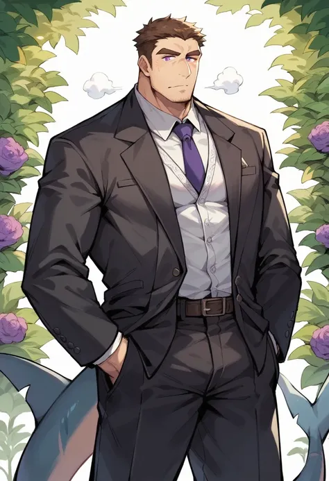 shark，personification，Mature male，Bad Uncle，，Cold expression，Purple pupils，Brown eyebrows，Black suit suit，Hands in pockets，The Age of Steam，garden。