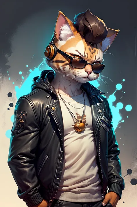 (A cat with a pompadour wearing a black leather jacket) A cartoon of a cat playing an electric guitar, wearing anthropomorphic sunglasses