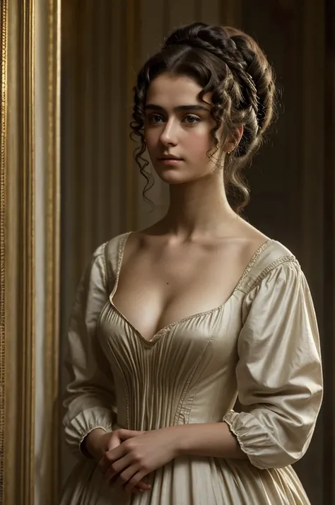 photo and gross. Ana Karenina 22 years old, dressed in period clothing with a bare neckline, Russia, 19th century d.C., perspective, half body detail, sharp focus, light mix, detail, feeling like it&#39;s medieval, (high skin detail: 1,2), 8k hd, DSLR, Luz...