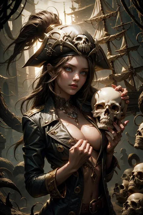 pirate woman holding a skull head in her hands, sexy sensual