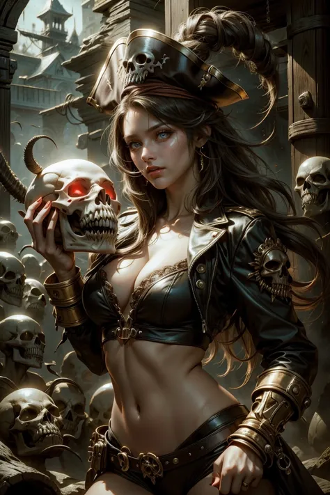 pirate woman holding a skull head in her hands, sexy sensual