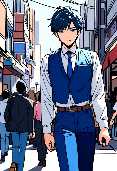 Create an image from a prompt "a thai handsome male student wearing a white long- sleeved shirt, a blue tie, a belt, blue pants, and leather shoes walking behind a thai beautiful female student wearing a white blouse, a blue skirt, and black shoes with a d...