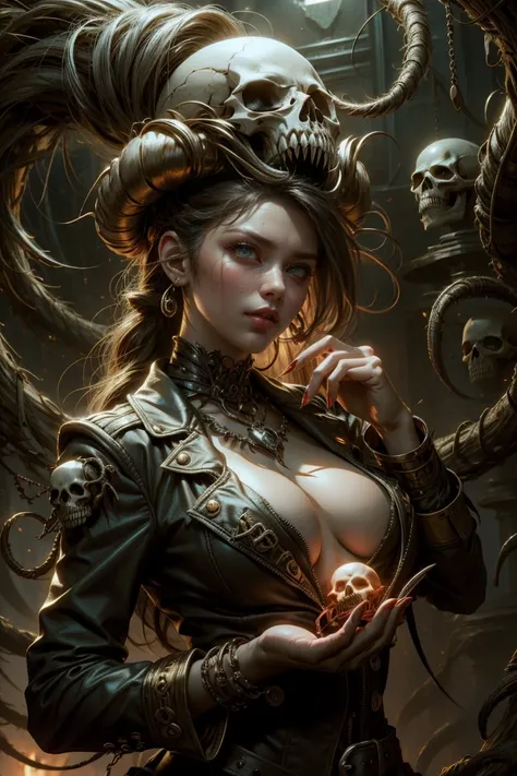 pirate woman holding a skull head in her hands, sexy sensual