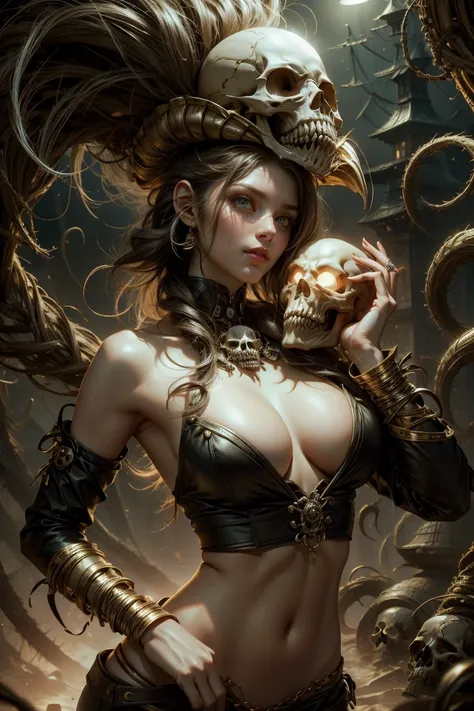 pirate woman holding a skull head in her hands, sexy sensual