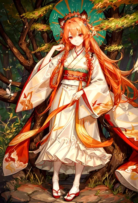 ((최고의 품질)), ((걸작)), (상세한), 여자 1명, Orange color hair , black highlights hair , Long and wavy flowing freely hair ,tiger ears on top of the head , red eyes , Calm and gentle eyes , Fair complexion skin , Traditional Korean hanbok , Cream-colored with intrica...