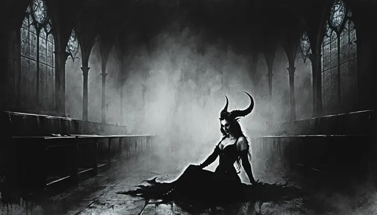 a painting of a holy succubus with horns, lying on her back, gloves, vampire the masquerade bloodlines, incredible art, gloomy background, nimbus, church ragged vestments, darksketch