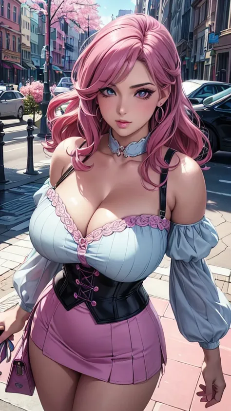 Saggy breasts,Mature Woman,Huge breasts, Huge breasts,alone,repair,((teasing)),eye shadow,lip,Glossy eyelashes,Pink Hair,Black Hair, ((Two-tone hair)),Earrings, Detailed decoration, oh,Half-eye,embroidery, corset, Suspender skirt, Frilled Skirt, Off-the-sh...