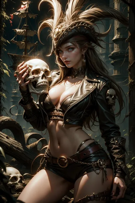 pirate woman holding a skull head in her hands, sexy sensual