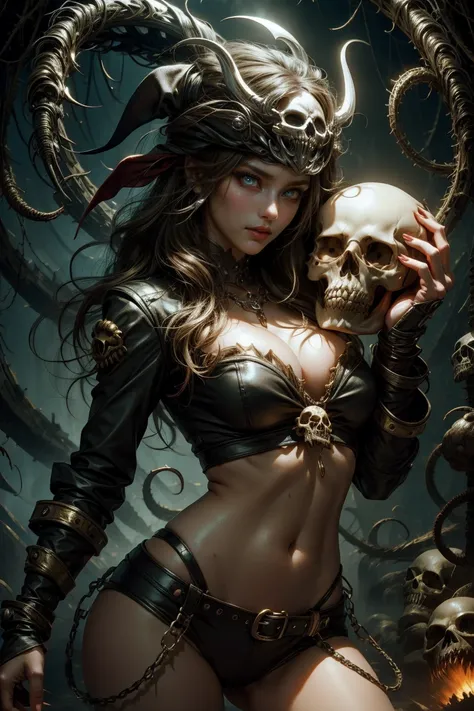 pirate woman holding a skull head in her hands, sexy sensual