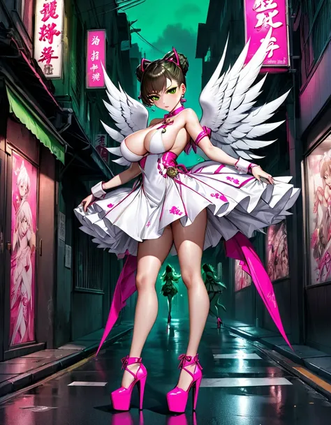 anime 4D Chun LI + Sakura girl sexy angels bright white wings big tits spiky mohawk hair dress V-cuts walking on a gloomy dark street in neon pink high heels scared style photo realism, fully detailed drawing in black and black and only the big green eyes ...