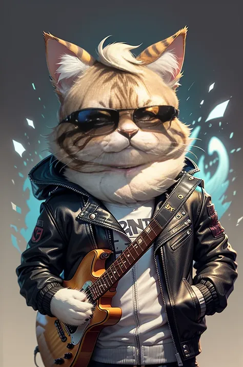 (A cat wearing a black leather jacket and playing a guitar) A cartoon of an anthropomorphized cat wearing sunglasses and playing an electric guitar