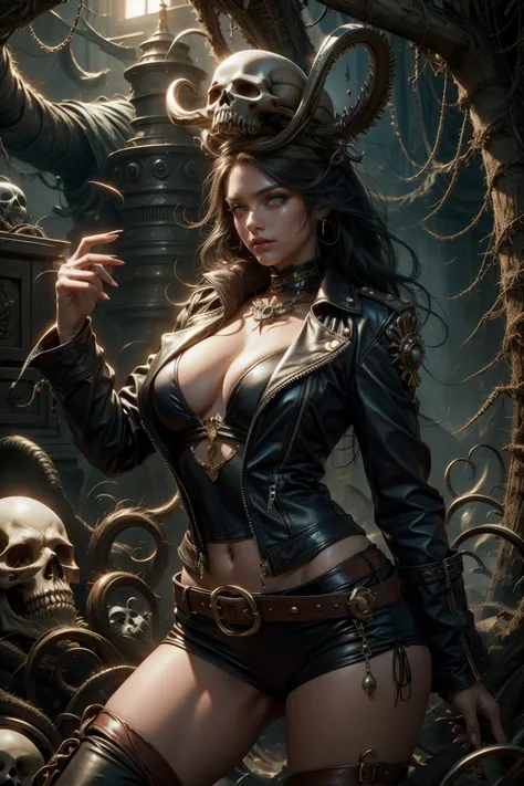 woman pirate, full of treasures, your skin is blue, sexly, leather clothing, holding a skull head
