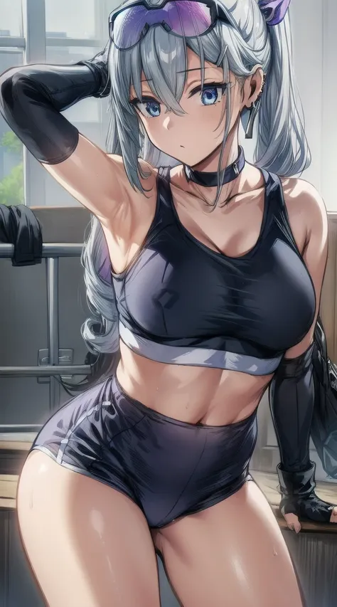 1girl,silver hair
break ((hair ornament, gloves, jewelry, flat breasts,  hair ribbon,  thighs, earrings,choker, black gloves, ha...