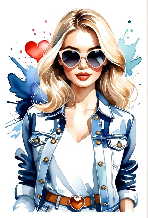 ((Watercolor style masterpiece with vector details)). | An illustration of a young fashionista with blonde hair, wearing heart-shaped sunglasses. The figure should be highlighted with a simple white background, isolated for a clear visual impact. The style...