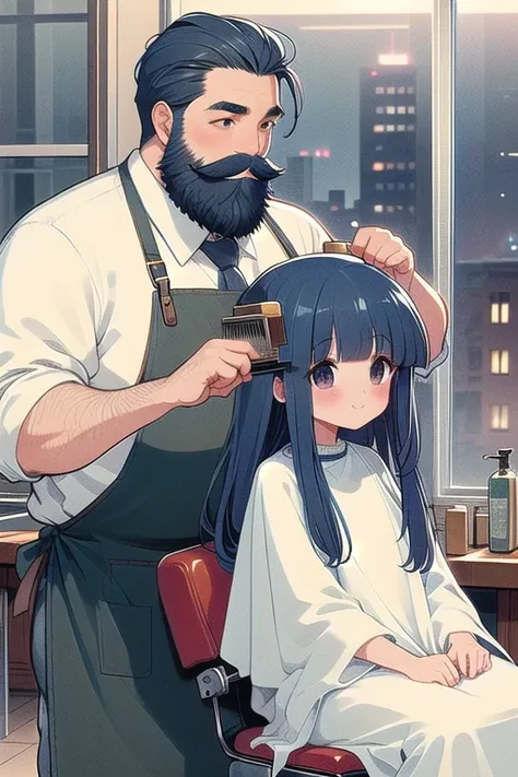 (((masterpiece))), (((highest quality))), (((half body))), (((close))), ((retro barber shop)), ((two people)), ((a fat man with ...