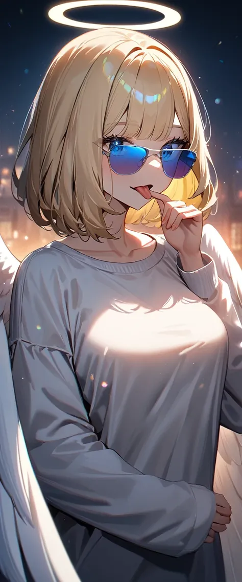 (((One girl))), ((sunglasses, hand to sunglasses)), ((angel, big big white wings:1.2, halo:1.3)), Uriel, ((wavy hair, outward curled hair)), evening, Sunset, open mouth, ((stick out tongue)), ((blond hair, bob cut:1.3)), big breasts, teenager, (looking at ...