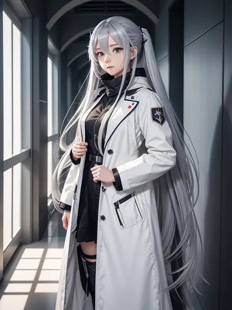 anime girl with long hair and white coat standing in a hallway, girls frontline style, from girls frontline, from arknights, portrait anime space cadet girl, cute anime girl, anime visual of a cute girl, silver hair girl, an anime girl, anime mecha aesthet...