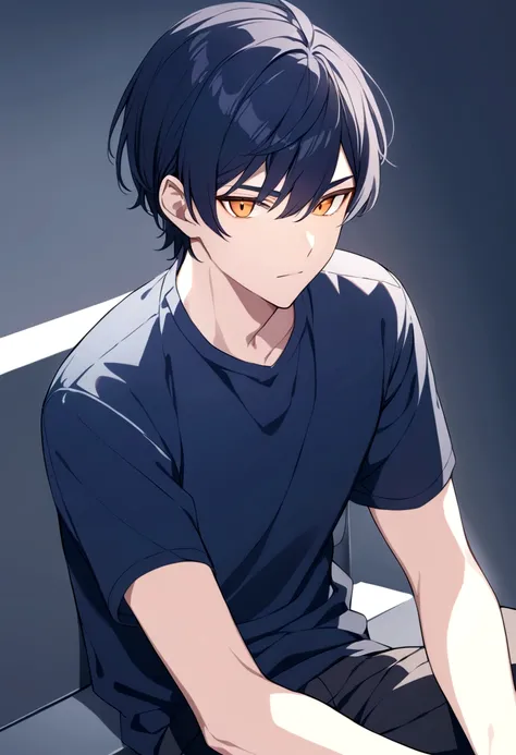 man. dark blue short hair. orange eyes. dark blue clothes.