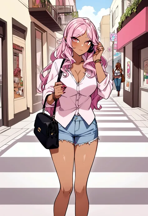 Pink hair girl, dark complexion with gyaru makeup and gyaru clothing. with his cell phone listening to music and a bag with Mexican features