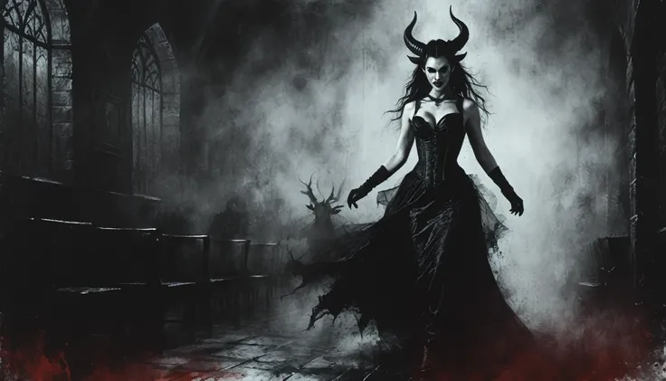 a painting of a holy succubus with horns, running, gloves, gothic dress, vampire the masquerade bloodlines, incredible art, gloomy background, nimbus, church ragged vestments, darksketch, close-up