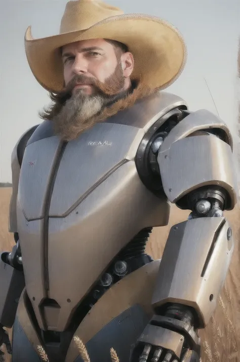 (reelmech: 1.5), CEO portrait photo of a 45 year old man with a big beard, wearing a cowboy hat, cyborg body, in a wheat field (Artwork: 1.2) (photorealistic: 1.2) (bokeh) ( best quality) (detailed skin) (complex) (8K) (hdr) (cinematic lighting) (sharp foc...