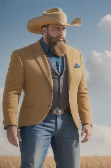 (reelmech: 1.5), CEO portrait photo of a 45 year old man with a big beard, wearing a cowboy hat, cyborg body, in a wheat field (Artwork: 1.2) (photorealistic: 1.2) (bokeh) ( best quality) (detailed skin) (complex) (8K) (hdr) (cinematic lighting) (sharp foc...