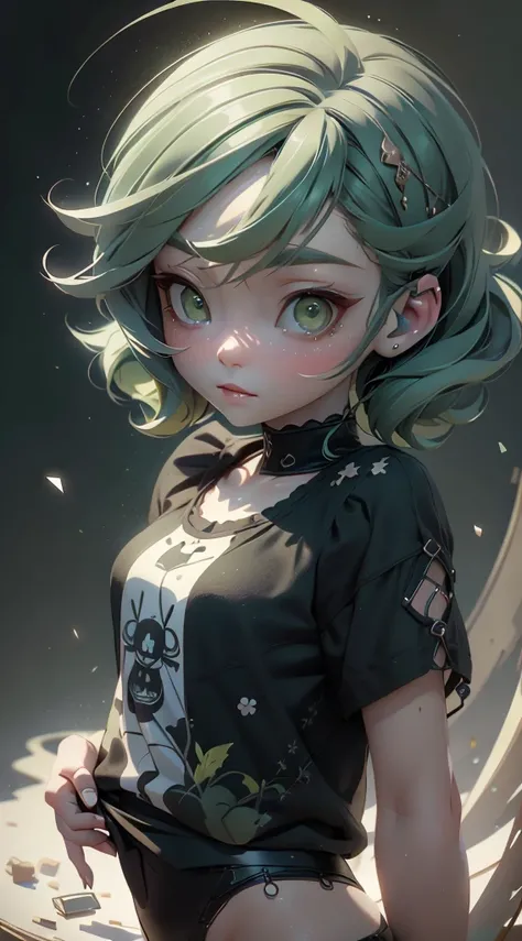 a young cute girl with green hair wearing a chibi style t-shirt, surrounded by luxurious fabrics, looking directly at the audience, against a striped background,(best quality,4k,8k,highres,masterpiece:1.2),ultra-detailed,(realistic,photorealistic,photo-rea...