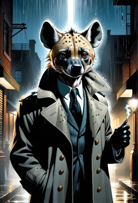 ((Main masterpiece in noir comic art style, with high resolution and intricate details)). | A captivating illustration of a hyena humanoid detective, immersed in the artistic style of film noir. He is wearing a trench coat, a loose tie and holds a cigarett...