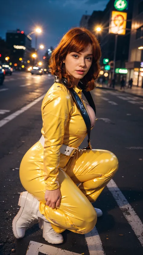 (masterpiece), (best quality), (solo character), (large breasts), (photorealistic:1.4), (chr1sh3n wearing white belt), (apriloneil costume, jumpsuit), (yellow latex jumpsuit), (apriloneil hairstyle), (apriloneil white belt), (apriloneil boots), (aprilonei ...