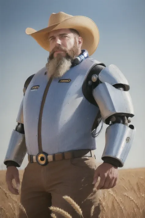 (reelmech: 1.5), CEO portrait photo of a 45 year old man with a big beard, wearing a cowboy hat, cyborg body, in a wheat field (Artwork: 1.2) (photorealistic: 1.2) (bokeh) ( best quality) (detailed skin) (complex) (8K) (hdr) (cinematic lighting) (sharp foc...