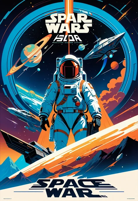 a poster of a man in a space suit standing in front of a star wars scene, space war, official poster artwork, in style of 80s sci-fi art, inspired by Tom Whalen, promotional poster art, space travel, space sci - fi, tom whalen 8 k, of space travel, poster ...