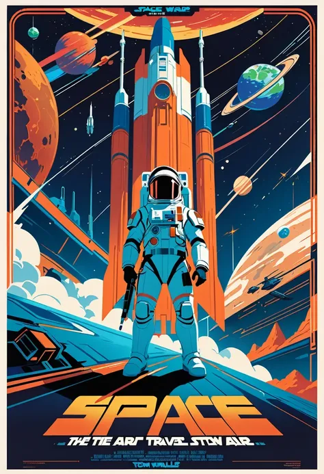 a poster of a man in a space suit standing in front of a star wars scene, poster art inspired by Tom Whalen, tumblr, space art, space war, official poster artwork, in style of 80s sci-fi art, promotional poster art, space travel, space sci - fi, tom whalen...