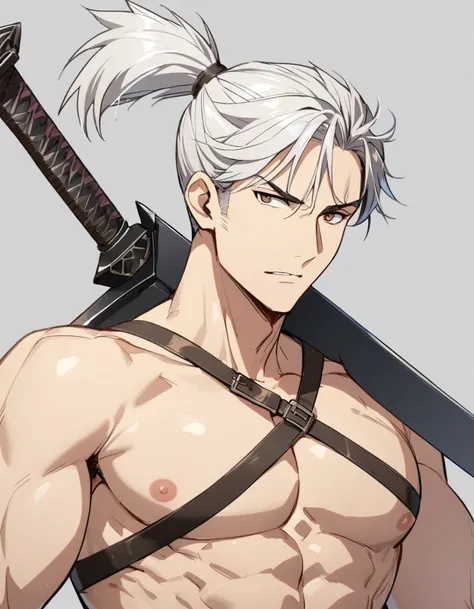 mature male, topless male, white hair, topknot, brown eyes, chest belt, black blade sword over shoulder