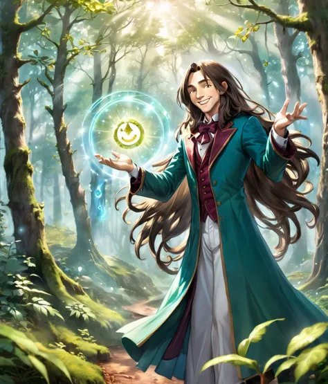 High definition, Fantasy Background, clear day forest, a magician with long hair and a happy face