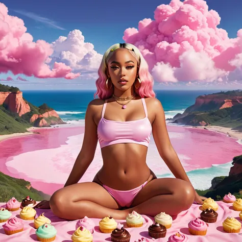 advertising poster, Promotional Photo for Pop Rap Single CALIFÓRNIA GIRLS by artist called Doja Cat, half naked, lots of sweets, pink clouds, hair down to the feet, big ass, perfect body, fantastic landscape,