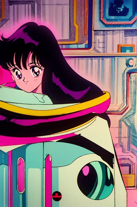 1990s (style), 1980s (style), anime girl, smiling, long black hair, retro computer, vaporwave aesthetic, neon lights, high quality