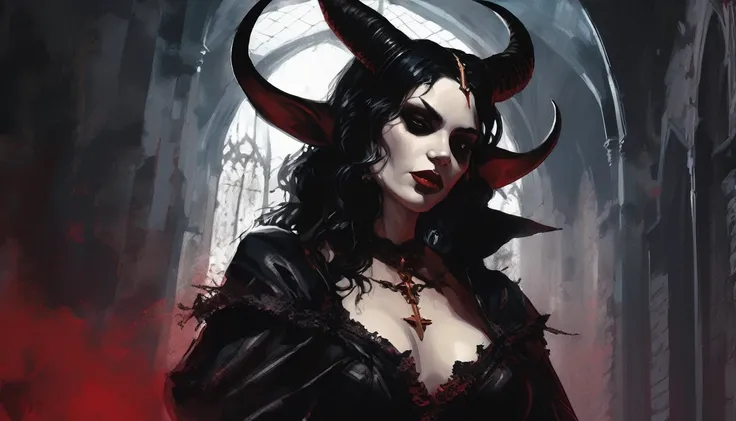 a painting of a holy succubus with horns, chiasmus, gloves, gothic dress, vampire the masquerade bloodlines, incredible art, gloomy background, nimbus, church ragged vestments, darksketch, close-up