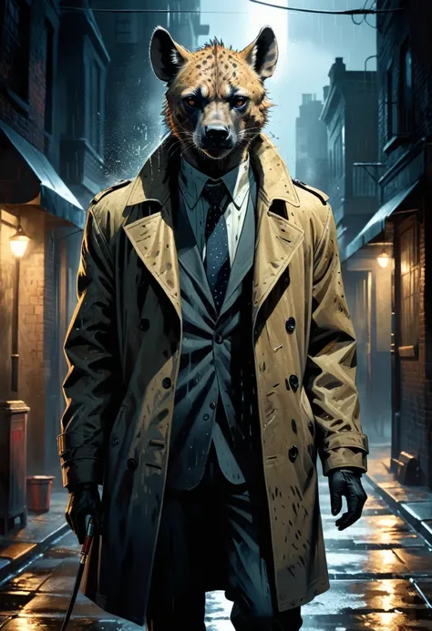 ((Main masterpiece in noir comic art style, with high resolution and intricate details)). | A captivating illustration of a hyena humanoid detective, immersed in the artistic style of film noir. He is wearing a trench coat, a loose tie and holds a cigarett...