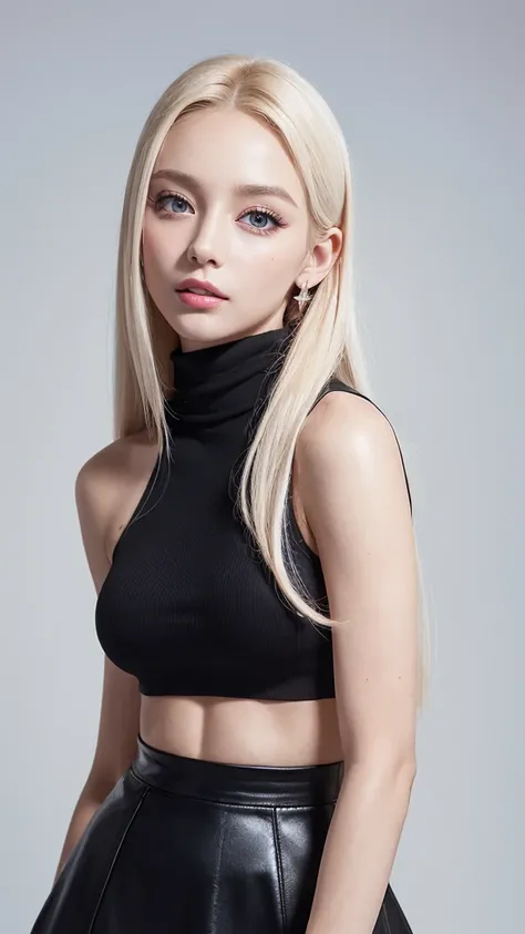 (((High neck sleeveless、Black tight skirt、White background、Cowboy Shot、forehead)))、forehead、Northern Europe、Russia、beautiful girl、Platinum Blonde Hair、Straight long hair、Big blue eyes、Northern Europeの若者、Glowing Skin、Young and beautiful skin、A perfect and b...