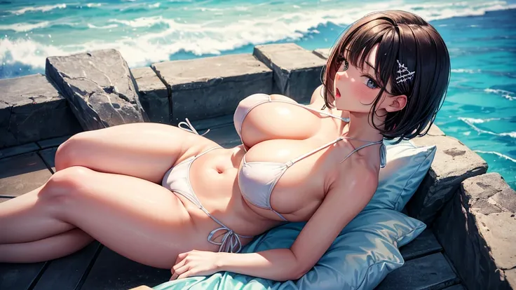 masterpiece, Highest quality, View Viewer, look up, From above, Kiss the viewer, Ocean, Exposing shoulders, Open your mouth,White swimsuit,Micro Bikini,Low-rise string shorts,short hair,One person, Chubby, Big breasts, Cross your legs, Sexual, orgasm,