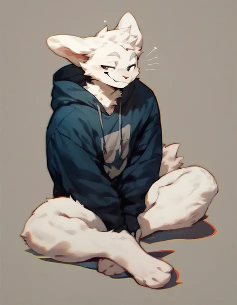 score_9,score_8_up,score_7_up,score_6_up,score_5_up,score_4_up, solo anthro furry, boykisserfur, male, white fur, white ears, smug, hoodie, full body, 3 mouth