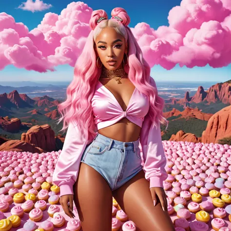 advertising poster, Promotional Photo for Pop Rap Single CALIFÓRNIA GIRLS by artist called Doja Cat, lots of sweets, pink clouds, hair down to the feet, big ass, perfect body, fantastic landscape,