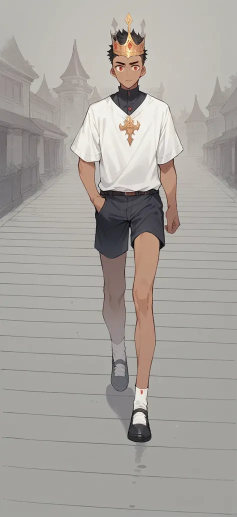 a pretty Male, brown skin red eyes and wearing on his head a crown ,black hair wearing a mage uniform, the man is walking inside a school halls. Manhwa style.