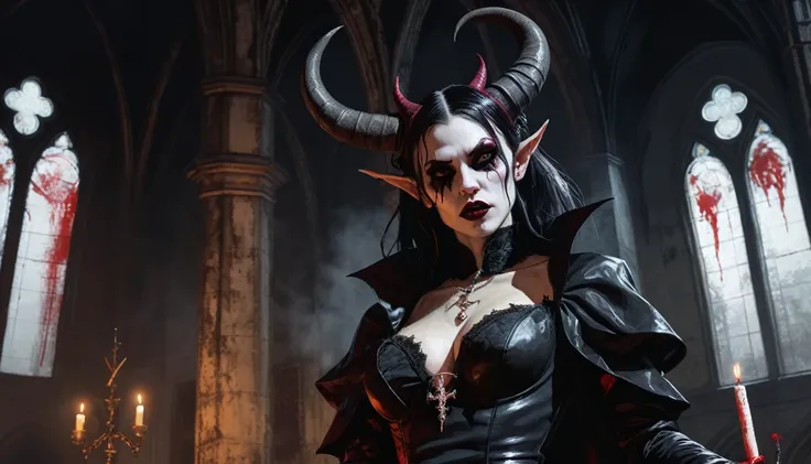 a painting of a holy succubus with horns, chiasmus, gloves, gothic dress, vampire the masquerade bloodlines, incredible art, gloomy background, nimbus, church ragged vestments, darksketch, close-up