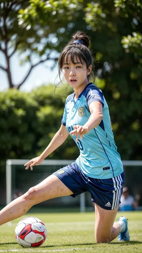 (Highest quality, High resolution:1.2, Super detailed, Realistic:1.37), ((Beautiful woman))、Big Breasts、Vibrant colors, play soccer,((blunt bangs))、Has bangs、Wet Hair, Concentration, Splash, Action Shots, Grass blotches, Muddy ground, Wet turf, Decide, Fas...