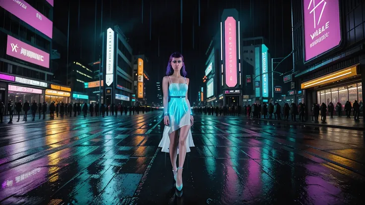 renaissance girl dressed a shoort white dress in cyberpunk streets, bright neons, futuristic architecture, like the Blade Runner 2049 setting, lighting should cool, shades of blue and purple, rainy atmosphere, typical cyberpunk elements, such as holograms ...