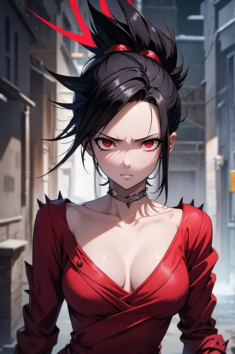 sarada anime + Luffy spiky mohawk hair with gel short dress sexy V cuts neckline walking on a dark gloomy street scared style photo realism, Fully detailed drawing in black and black and only the red eyes