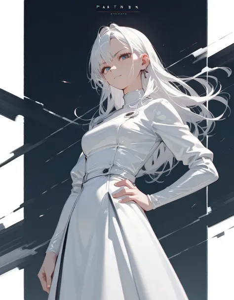 The image shows a corpulent female character, with white hair and a white latex dress, standing with one hand on her hip and the other on her head, displaying a confident posture, anime, anatomically correct, super detail, high quality, 4K